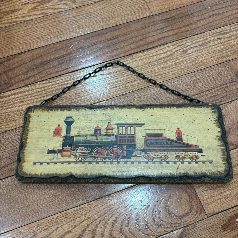 Vintage Wood Train Painting Plaque. 1886 Rodgers 4-6-0 With Metal Chain
